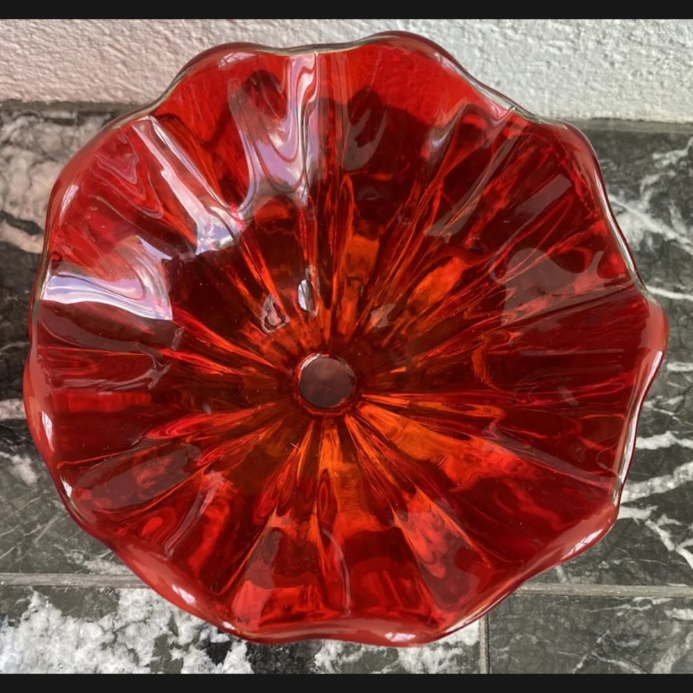 Vintage Glass Amberina Red Yellow 9 Petal Pedestal Compote/Bon Bon Candy Bowl. - Picture 4 of 8